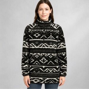 Eddie Bauer Geometric 1/4 Zip Fleece Womens  Large Black White Pullover 1594